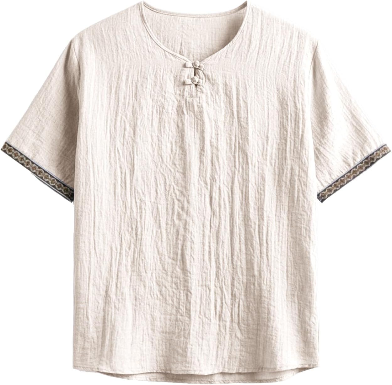 Men's Cotton Linen Henley Shirts Vintage Bohemia Embroidery Short Sleeve Beach Boho Shirt Summer Lightweight Tops