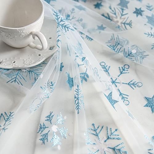 Miniatura 5 de vctops Mantel de encaje con copos de nieve brillantes, para fiestas, bodas, cocina, comedor, decoración del hogar (azul, 59 x 157 pulgadas)
