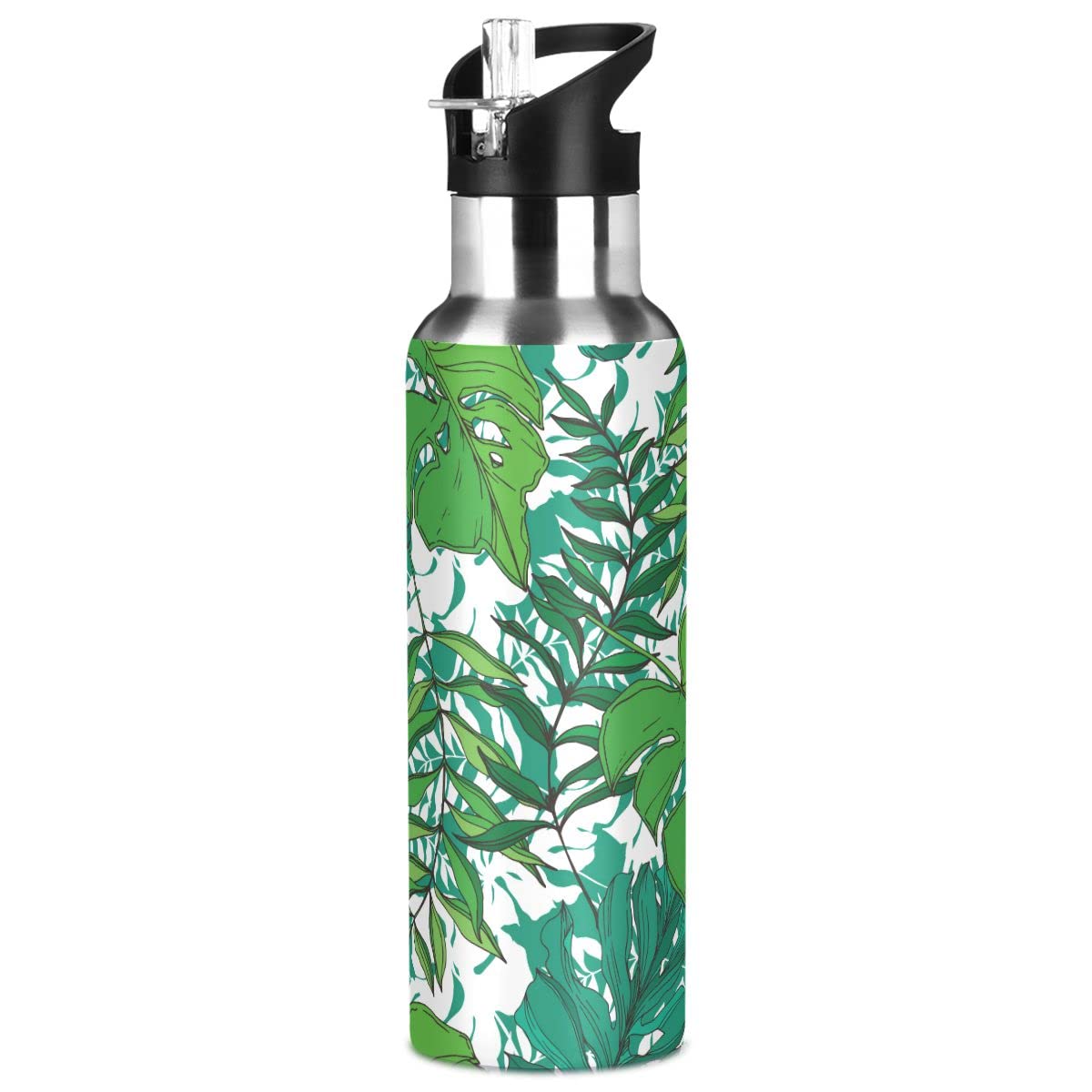 Edelstahl Wasserflasche mit Strohhalm, tropische Strandblätter Pflanze isolierte Trinkflasche Sport Wasserflasche für Kinder Erwachsene, auslaufsicher, 1L