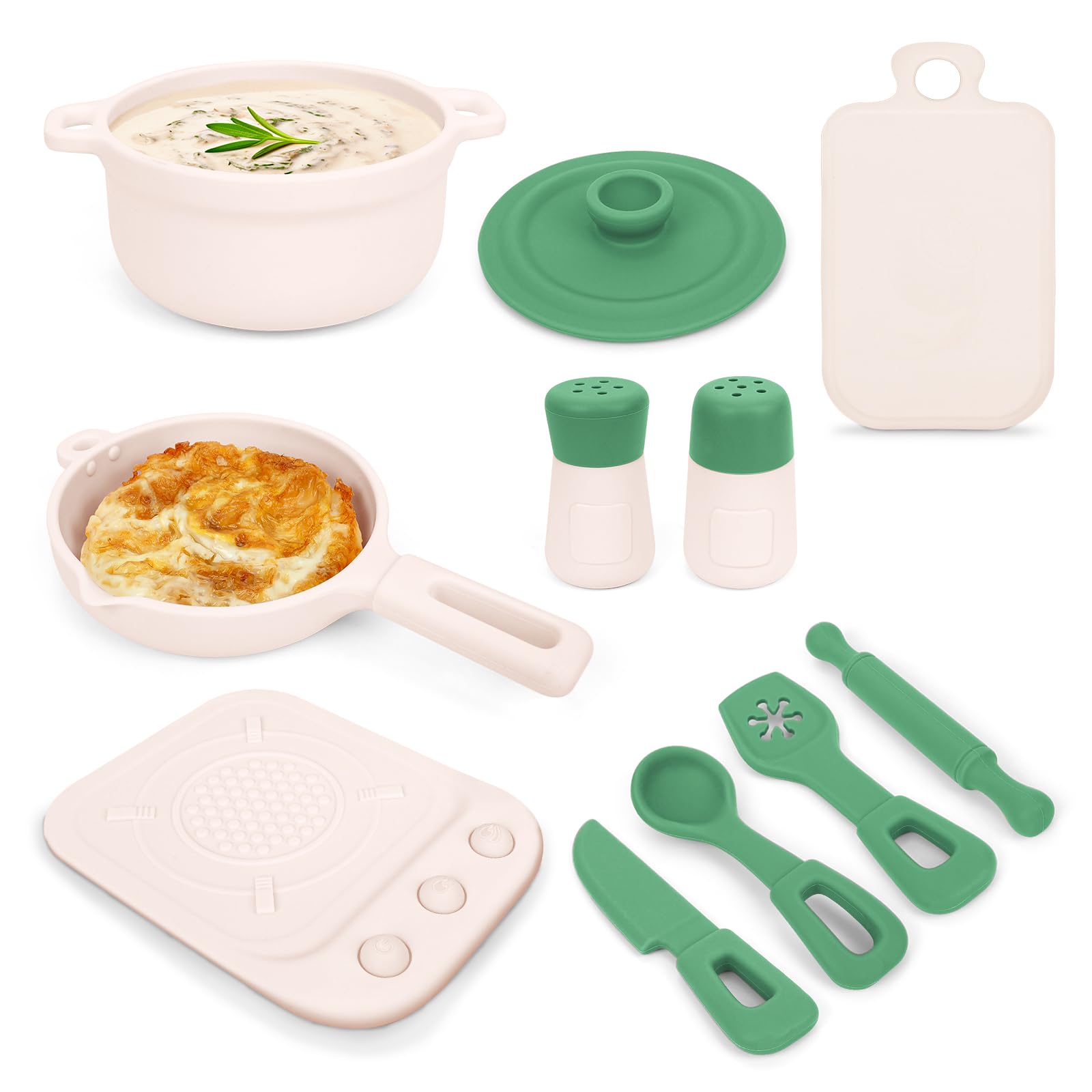 TYRY.HU Play Kitchen Accessories, 11Pcs BPA Free Silicone Pretend Play Food Sets,Play Kitchen Set,Play Kitchen Cooking Utensils Pots & Pans,Pretend