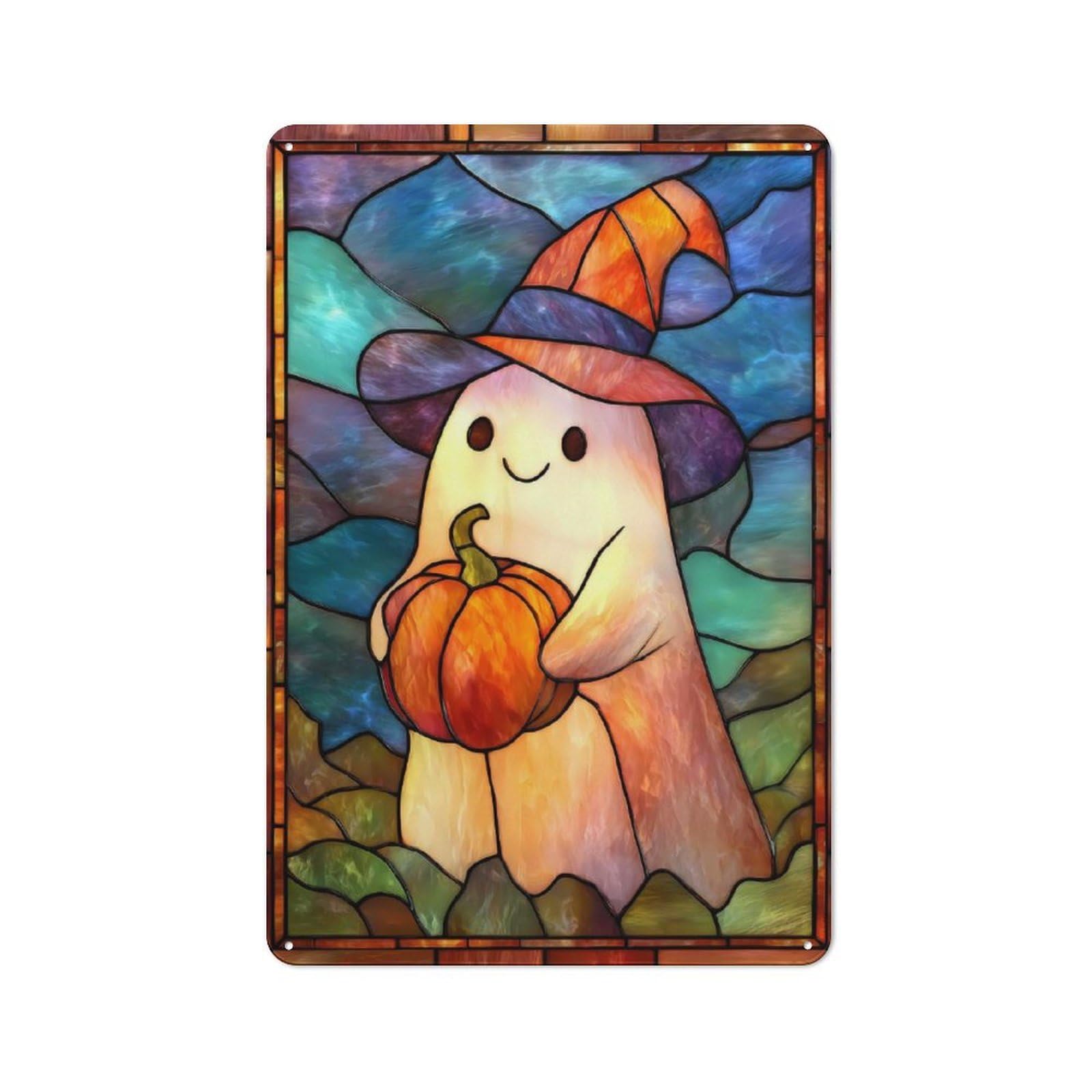 Junmoney Halloween Ghost With Pumpkin Stained Glass Distressed Look Metal Wall Art Sign 30X20cm Featuring Old Style Wall Plaque For Lounge, Study, Pub Or Wall Gallery
