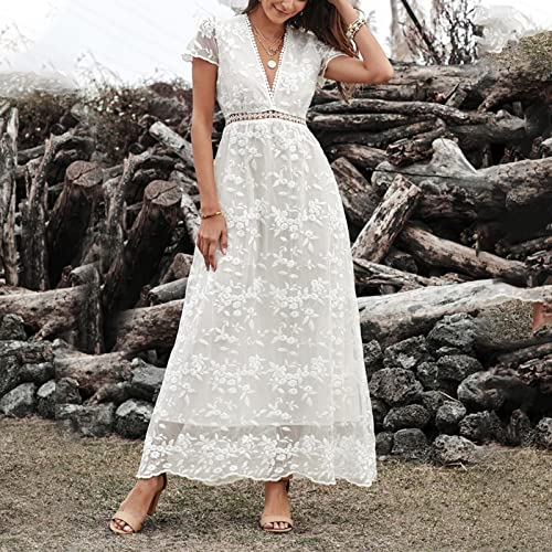 Women's White Lace V Neck Floral Tulle Lace Wedding Dress Short Sleeve Bridesmaid Holiday Party Maxi Engagement Dress #TOP3