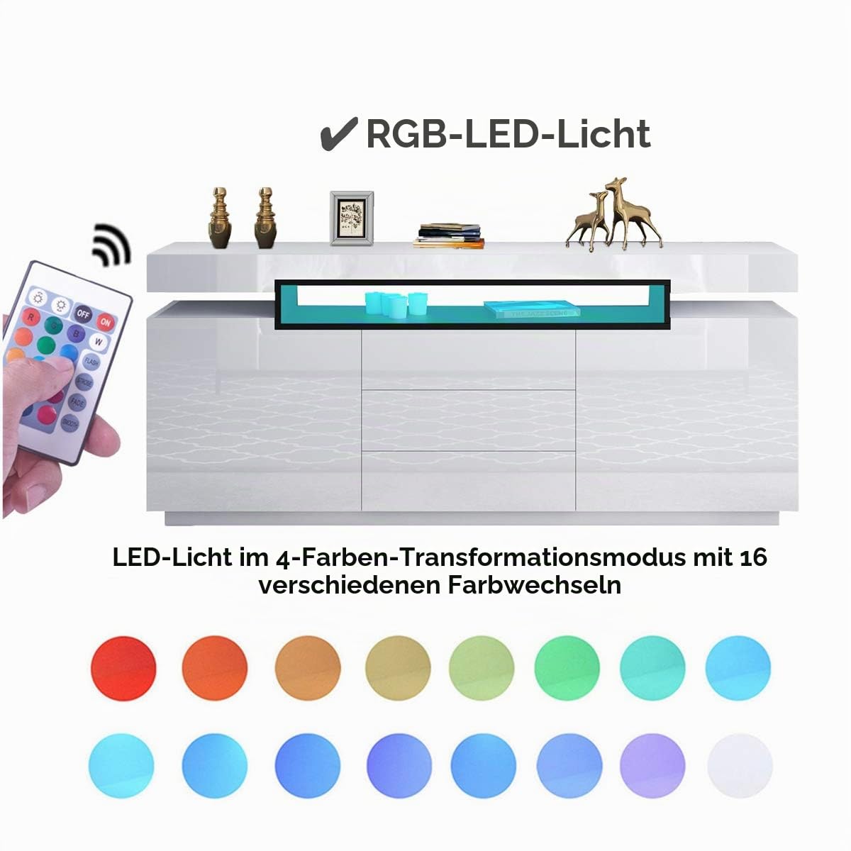 Weiß Sideboard Schrank Matt Body & Hochglanz TV Lowboard LED Beleuchtung Kommode mit 2 Türen 3 Schubladen 160cm für Wohnzimmer Esszimmer