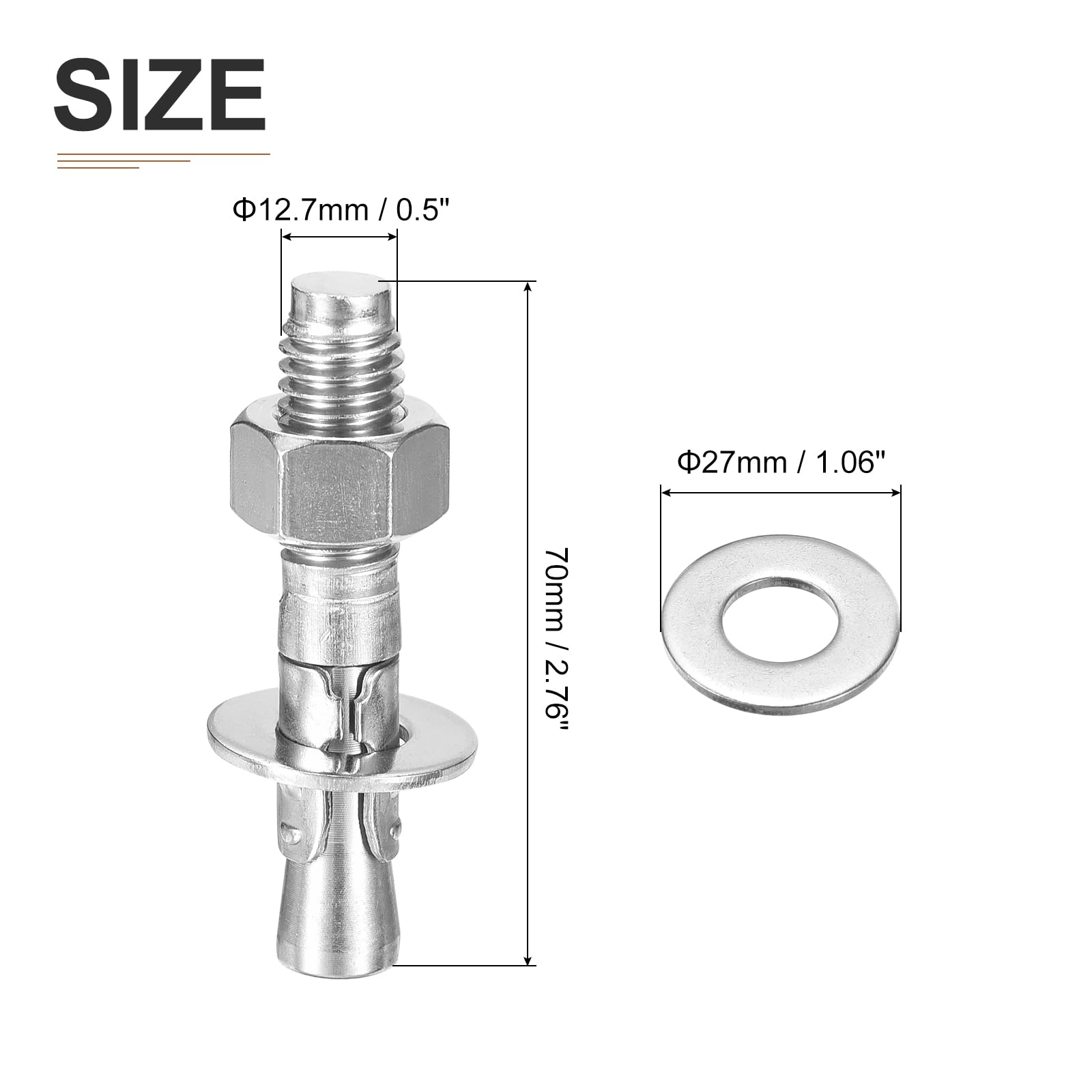 DTGN 3/8" X 2-3/4" Wedge Anchors – 10-Pack, 304 Stainless Steel, Zinc Plated – For Concrete & Cement – Screw Bolt Nut Expansion Fasteners – 20 Ft/Lbs Torque