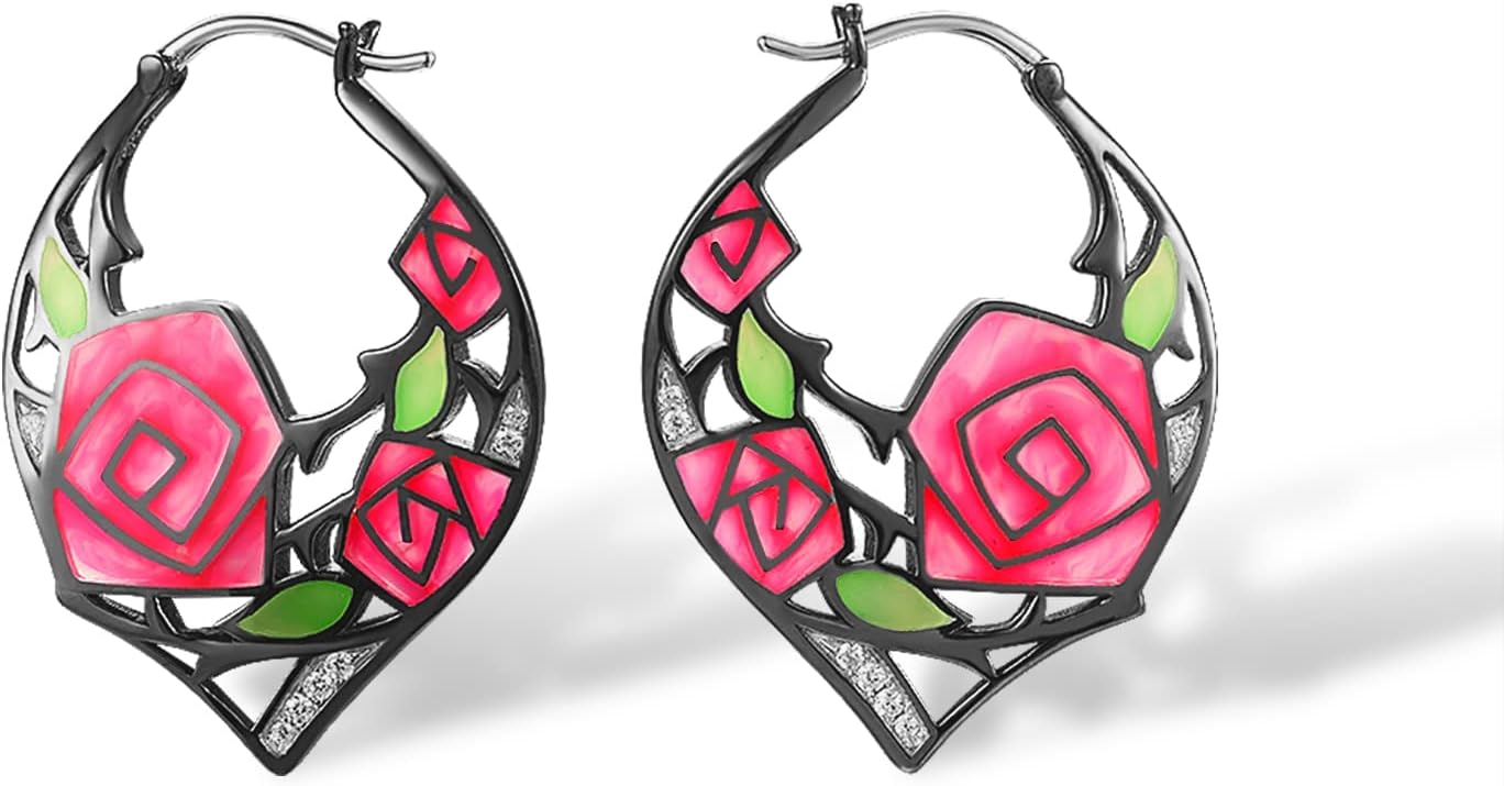 Santuzza 925 Sterling Silver Handmade Enamel Flower Hoop Earrings