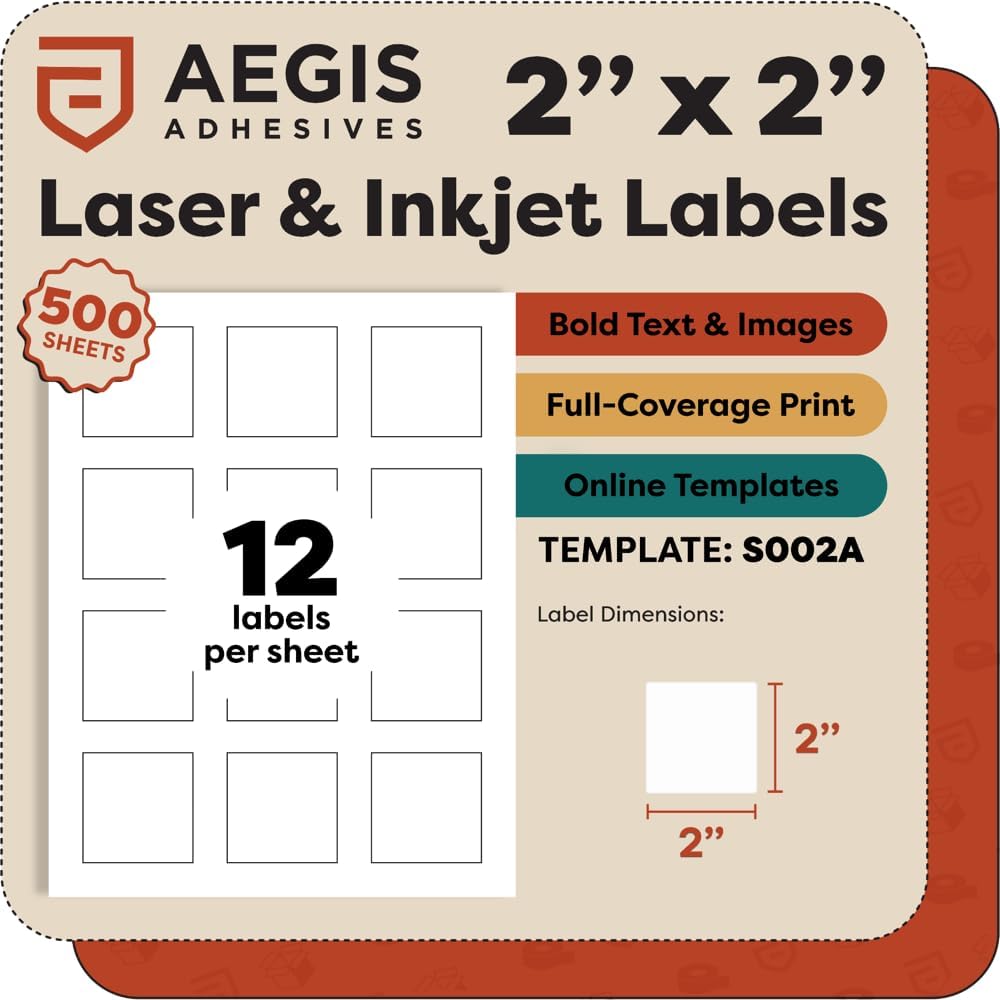2" X 2" Square Printable Labels for Inkjet and Laser Printers - 500 Sheets, 6000 Matte White Custom Stickers for Business Logos, QR Code Stickers, Product Labeling - Aegis Adhesives Template S002A