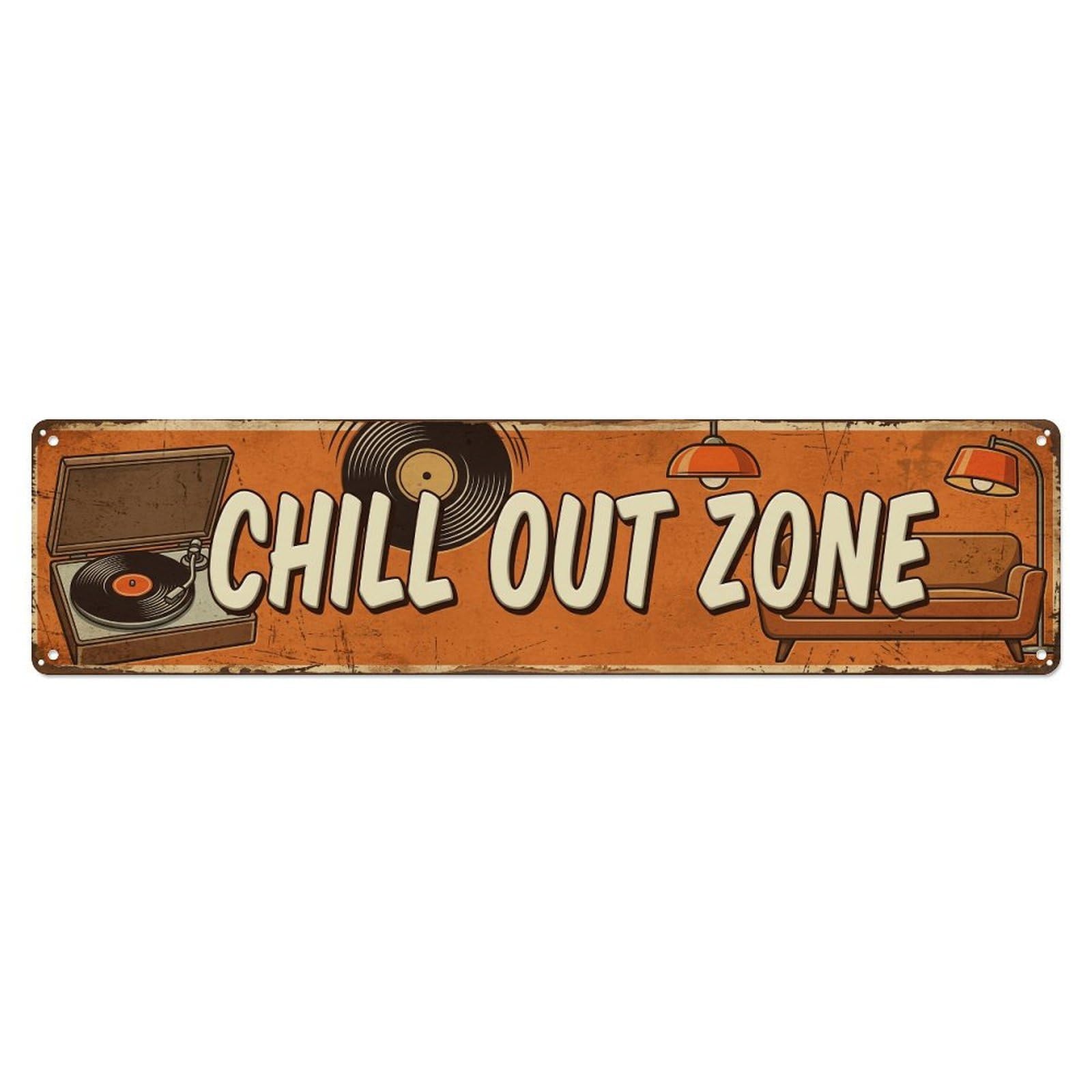 Chill Out Zone Worn Basement Metal Tin Skinny Sign Plaque Wall Decor for Cafe, Club Bar, Office, Home Garden Metal Poster 4x16Inch