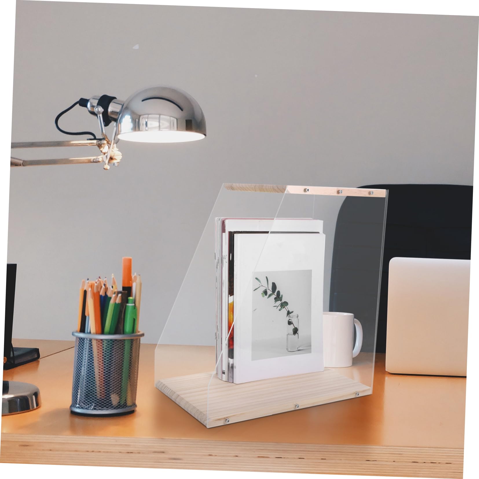 Amosfun Mobile in Legno e Acrilico Trasparente Porta Dischi Vinile Design Minimalista per Organizzare CD e Cassette, per Arredamento Desktop Moderno