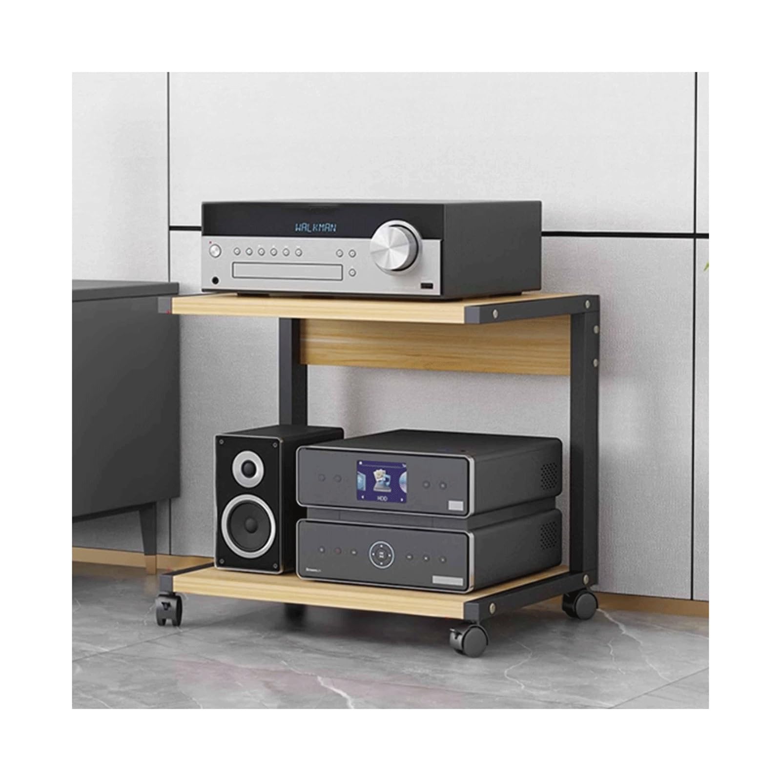 2-poziomowy stojak multimedialny HiFi AV z kółkami, nowoczesna drewniana wieża na sprzęt audio i konsole do gier, elegancka półka na urządzenia audio/wideo