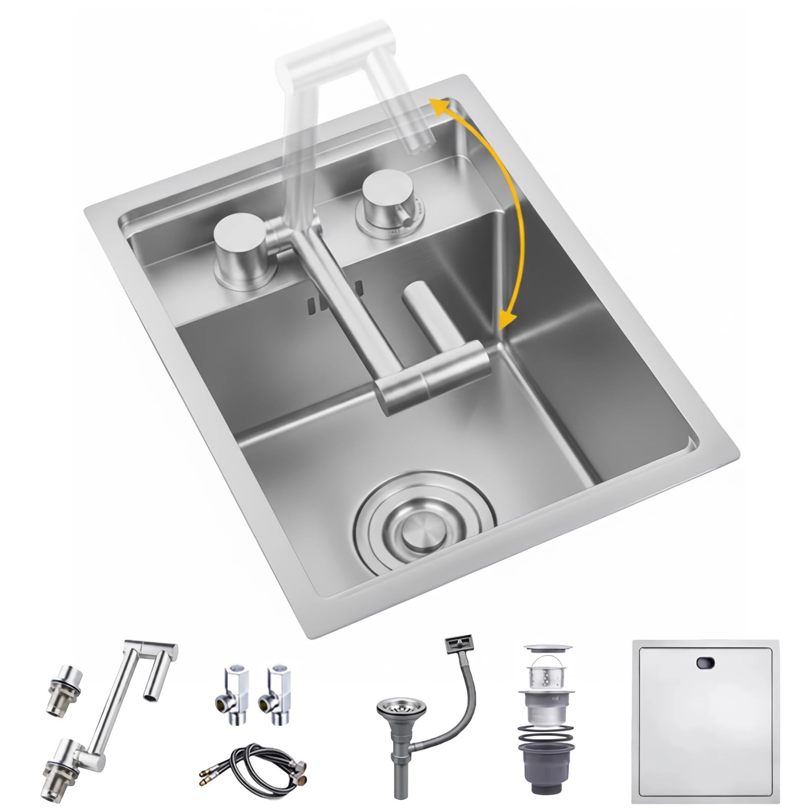 Coubird Kitchen Sink Black Stainless Steel Undermount Small Single Bowl Kitchen Sink with Drainer Fittings Suitable for Kitchens, Bars and Utility Rooms (Silver, 35x45CM)