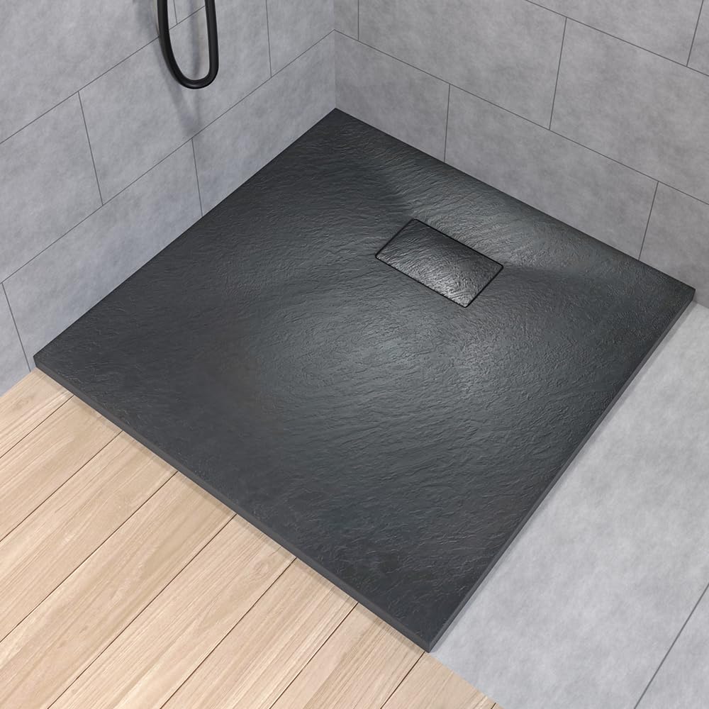 BADLAND Komplettes Set - Duschkabine HELA Schwarz/Chrom + Duschwanne VIDAR 80-90x80-90 193cm - Quadratisch Duschabtrennung Transparent Nano Glas 6 mm, Duschtasse Schwarz/Weiß Steinoptik SMC mit Ablauf