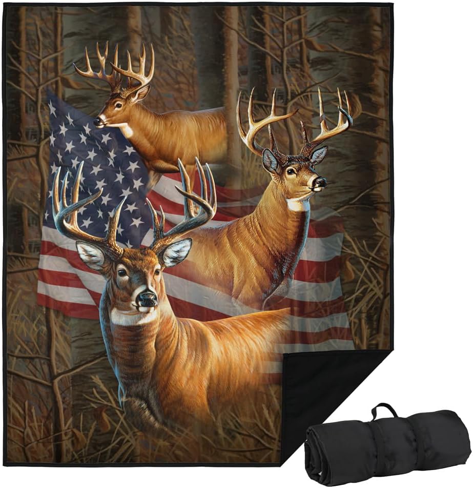 LOGOVISION JQ Licensing - CF-JP Picnic Outdoor Blanket, 50"x60" USA American Flag Deer, Foldable Blanket for Picnic, Beach, Camping, Park, Tailgate