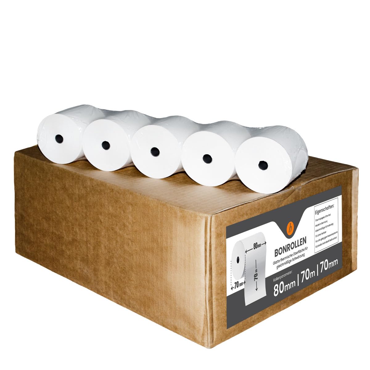 50 Stk. Thermorollen | 80x70x12 mm Ø70mm | Länge: 70 m | BPA frei | Kassenrollen für alle Kassensysteme Bonrollen Drucker | Thermopapier made in Germany | HUTNER