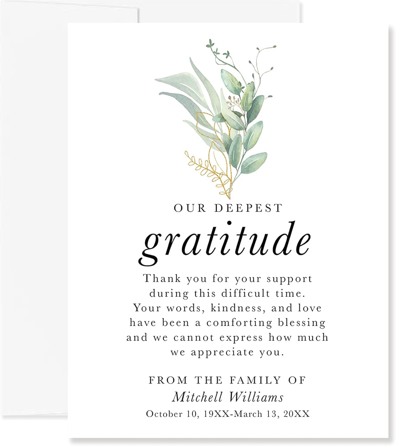 Green Branch Sympathy Acknowledgement Thank You Cards, 4.25x5.5 Funeral Bereavement Flat Note Cards with Envelopes