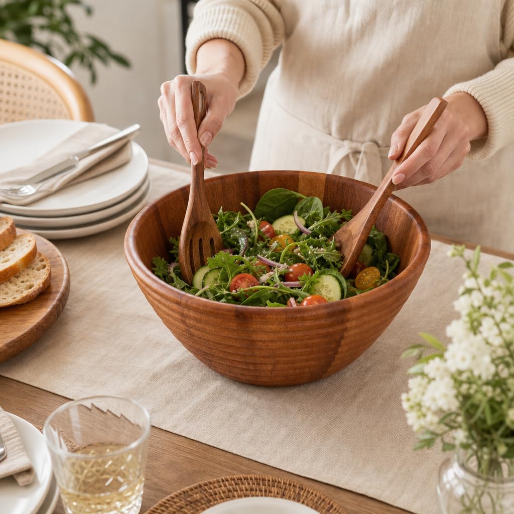 Arthur Court Ensaladera grande de madera de acacia estilo colmena, cuenco único para servir frutas, aperitivos y ensaladas, 5 pulgadas de alto x 12 pulgadas de diámetro