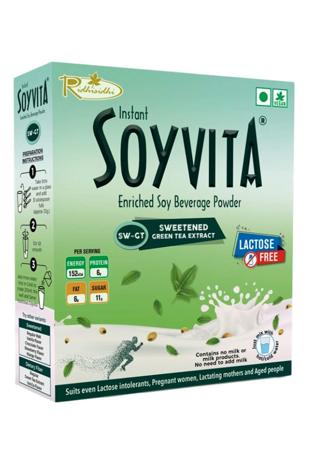 SOYVITA - SWEETENED Green Tea Extract | Lactose Free | Vegan | ENRICHED Soy Beverage Powder | Serves-15 (500 GMS)