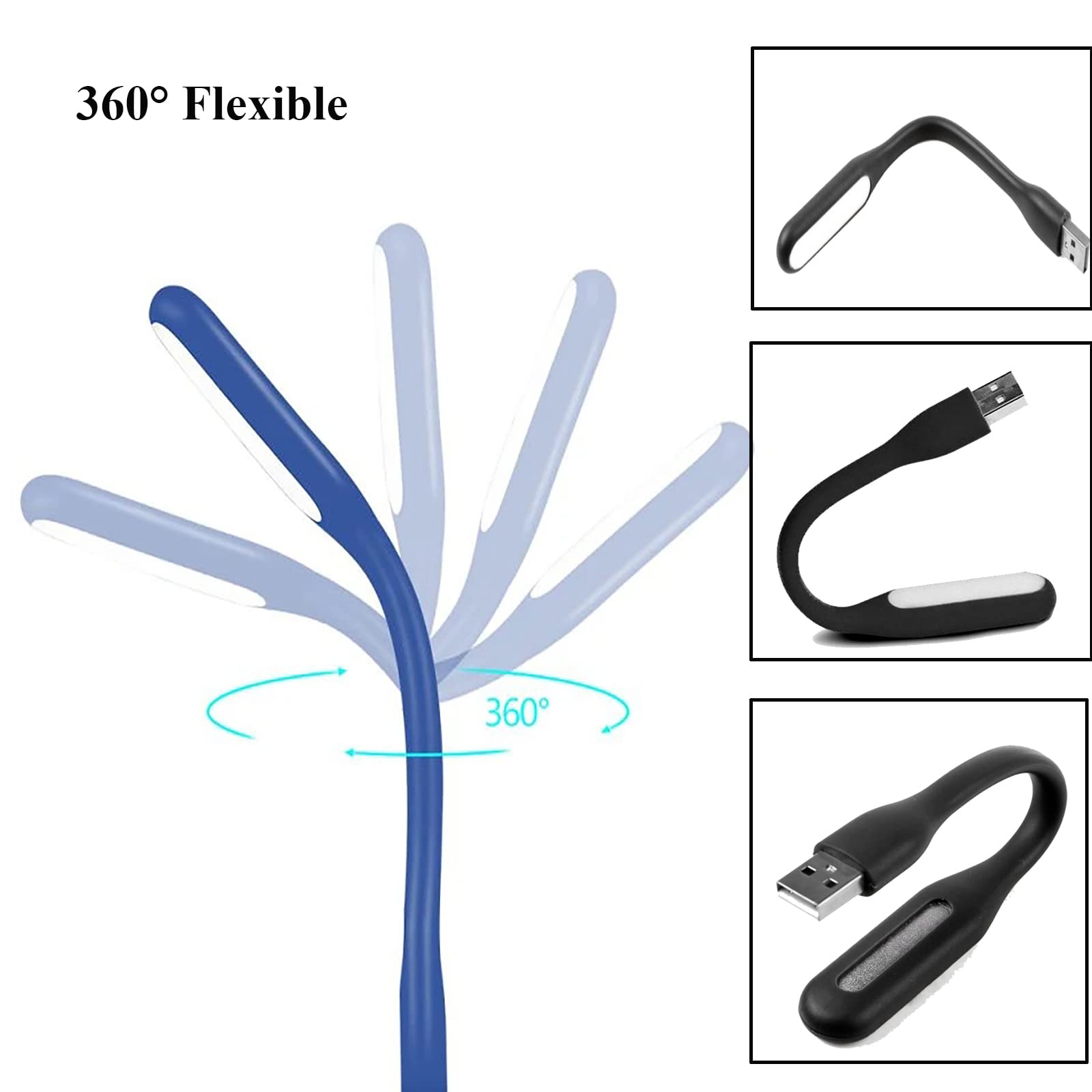 Mini luce flessibile, portatile, USB, lampada notturna a LED per lettura, per PC, laptop, computer, notebook, power bank, confezione da 2 (nero)