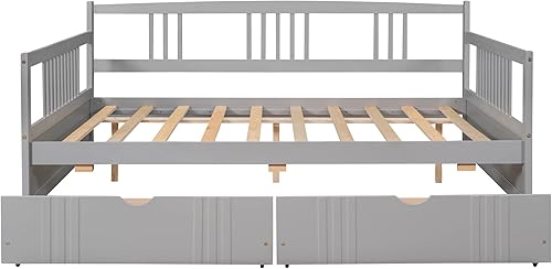 Miniatura 23 de Flieks Sofá cama de madera de tamaño individual con dos cajones de almacenamiento y soporte de 10 listones de madera (blanco)