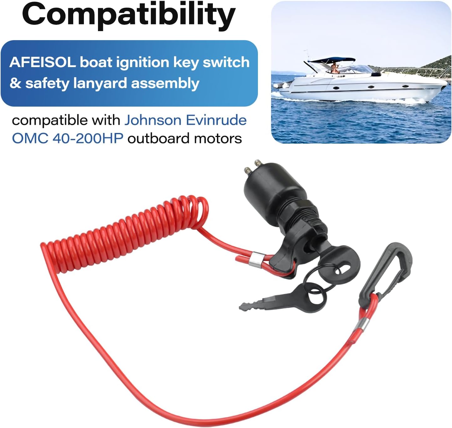 5005801 Boat Ignition Key Switch and Safety Lanyard Compatible with Johnson Evinrude OMC Outboard Motor 40-200HP Ignition Switch & Key Lanyard Assembly Replace# 175974