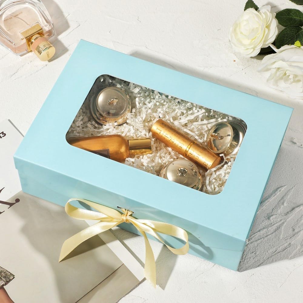 Blue Box for Presents with Ribbon. Inches Clear Box with Window
