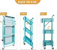 Vista 3 de Foldable Utility Rolling Cart with Wheels No Assembly 3 Tier Metal Rolling Cart with Cup and Hooks Heavy Duty Mesh Storage Baskets Rack Folding