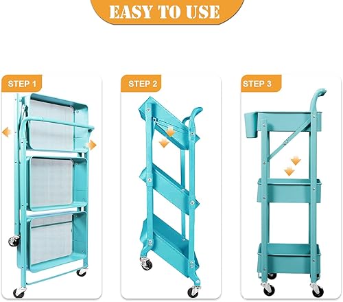 Miniatura 3 de Foldable Utility Rolling Cart with Wheels No Assembly 3 Tier Metal Rolling Cart with Cup and Hooks Heavy Duty Mesh Storage Baskets Rack Folding