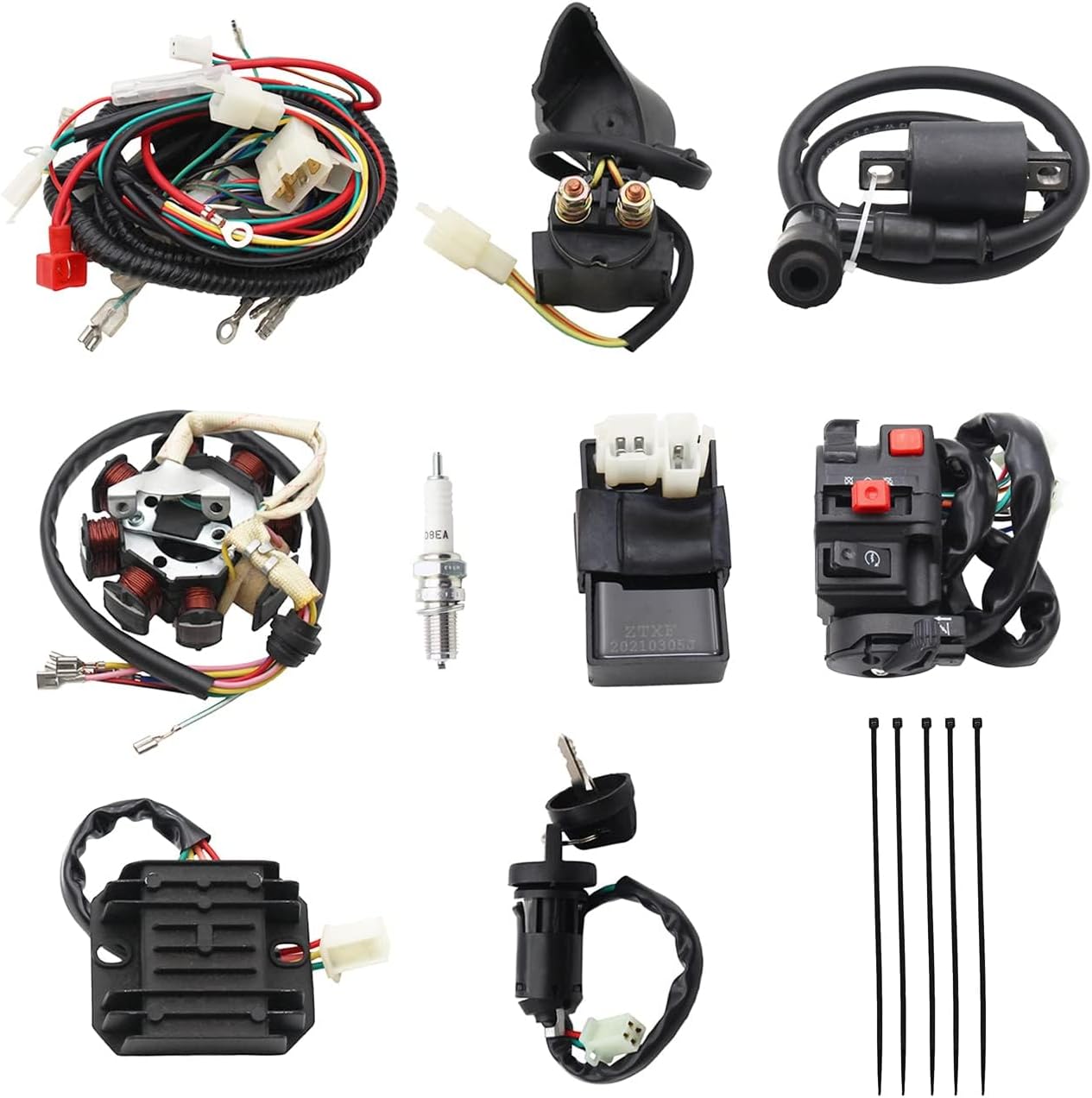PRO BAT ATV Quad Complete Electrics AC Wire Harness Kit with CG-8 Stator 6-Pin AC CDI ATV Switch Ignition Coil Solenoid Relay Spark Plug for 150cc 200cc 250cc 300cc Zongshen Lifan Black