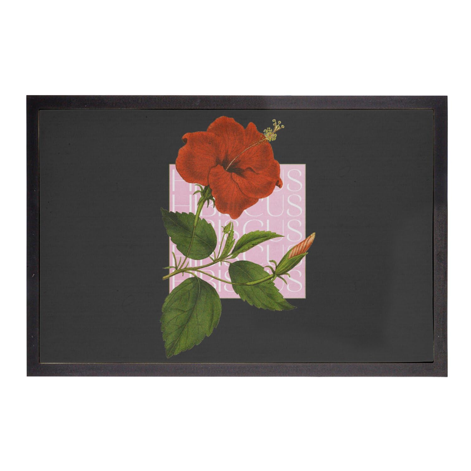 Paillasson noir imprimé hibiscus vintage avec collage botanique fleurs rétro zoomer