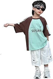 Camiseta para niño SUYUAN bicolor de manga corta, camiseta de ocio, manga raglán, algodón, camisa de verano, color marrón menta, ropa de calle, holgada, transpirable, ropa de día a día