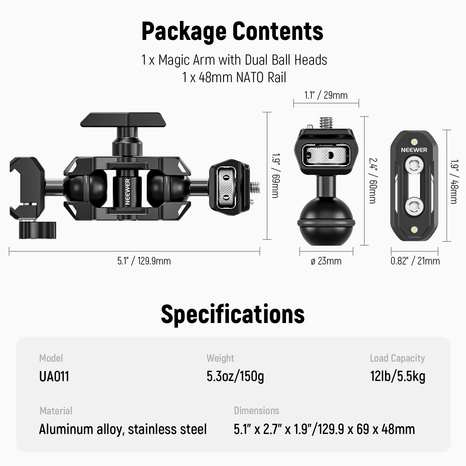 NEEWER Bras Magique Articulé Flexible avec Double Têtes Sphériques, Pince NATO à Dégagement et Rail NATO de 48mm et Vis de 6,35mm avec Broche Rétractable, Support de Moniteur Compatible avec SmallRig