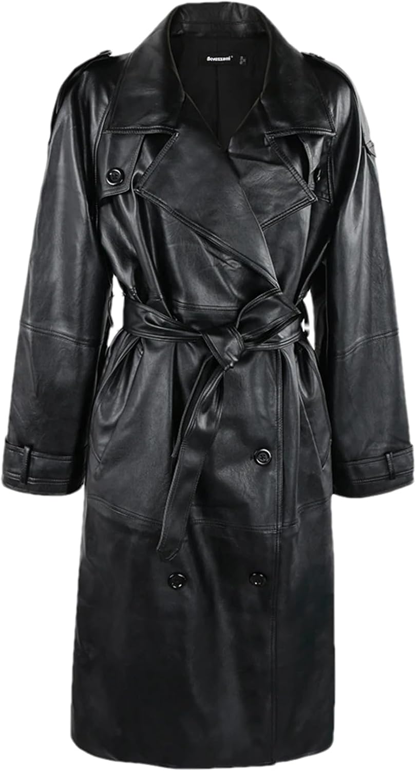 Mnjyihy Long Black Soft Pu Leather Trench Coat For Women Raglan Sleeve Belt Doublebreasted Waterproof Raincoat