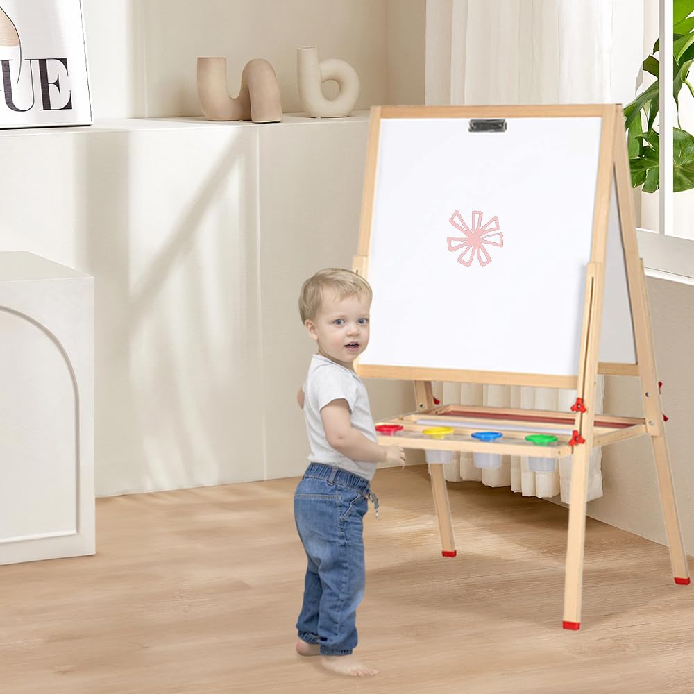 Tableau magnétique, à craie, double face, pour enfant, avec accessoires, Tableau Blanc Magnetique Enfant Sur Pied en Bois, 57x55x148 cm