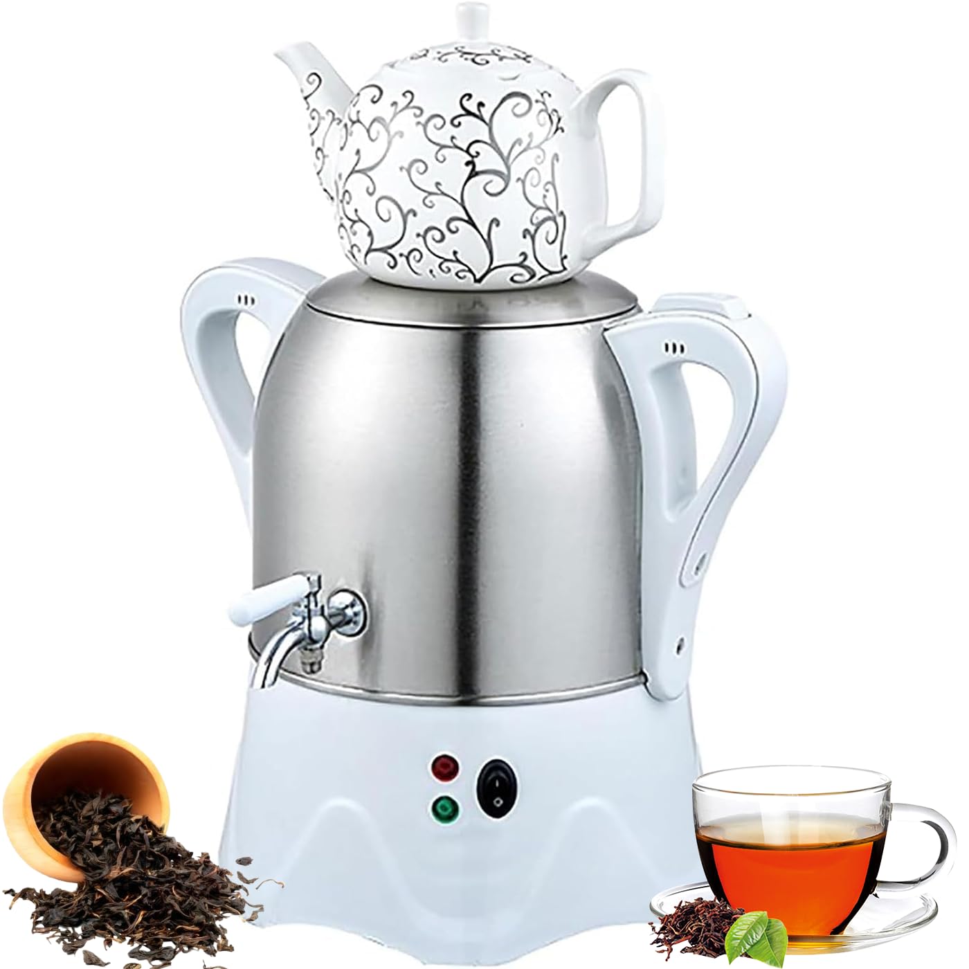 Machine à thé électrique turque, samovar turc électrique en acier inoxydable de 3 L avec théière en céramique de 1 L, fonction de maintien au chaud, pour café, thé parfumé white
