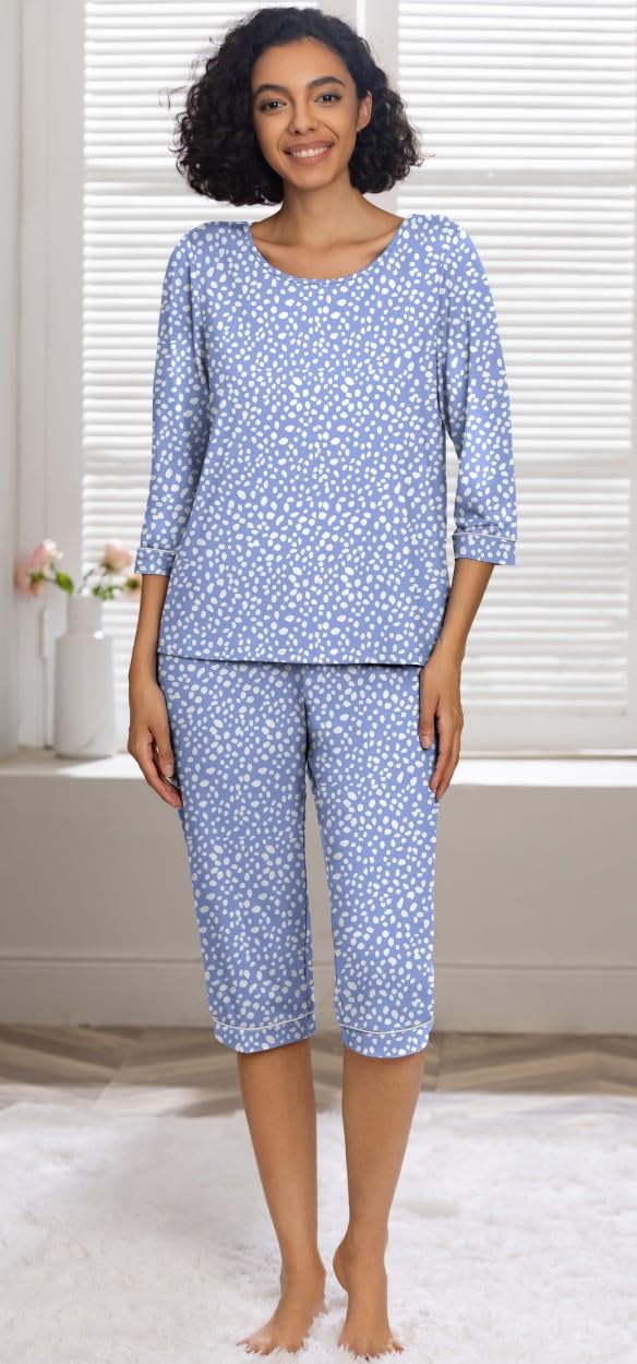 PrinStory Damen Pyjama Set Rundhalsausschnitt 3/4 Ärmel Nachtwäsche Loungewear Set Mit Taschen