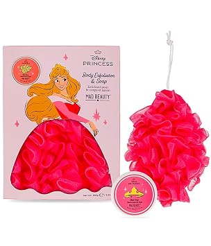 MAD Beauty Disney Princess Aurora Sleeping Beauty Body Exfoliator and Soap Set | Officially Licensed | Aurora Ballgown Shower Puff | Disney Princess Gift for Women and Girls