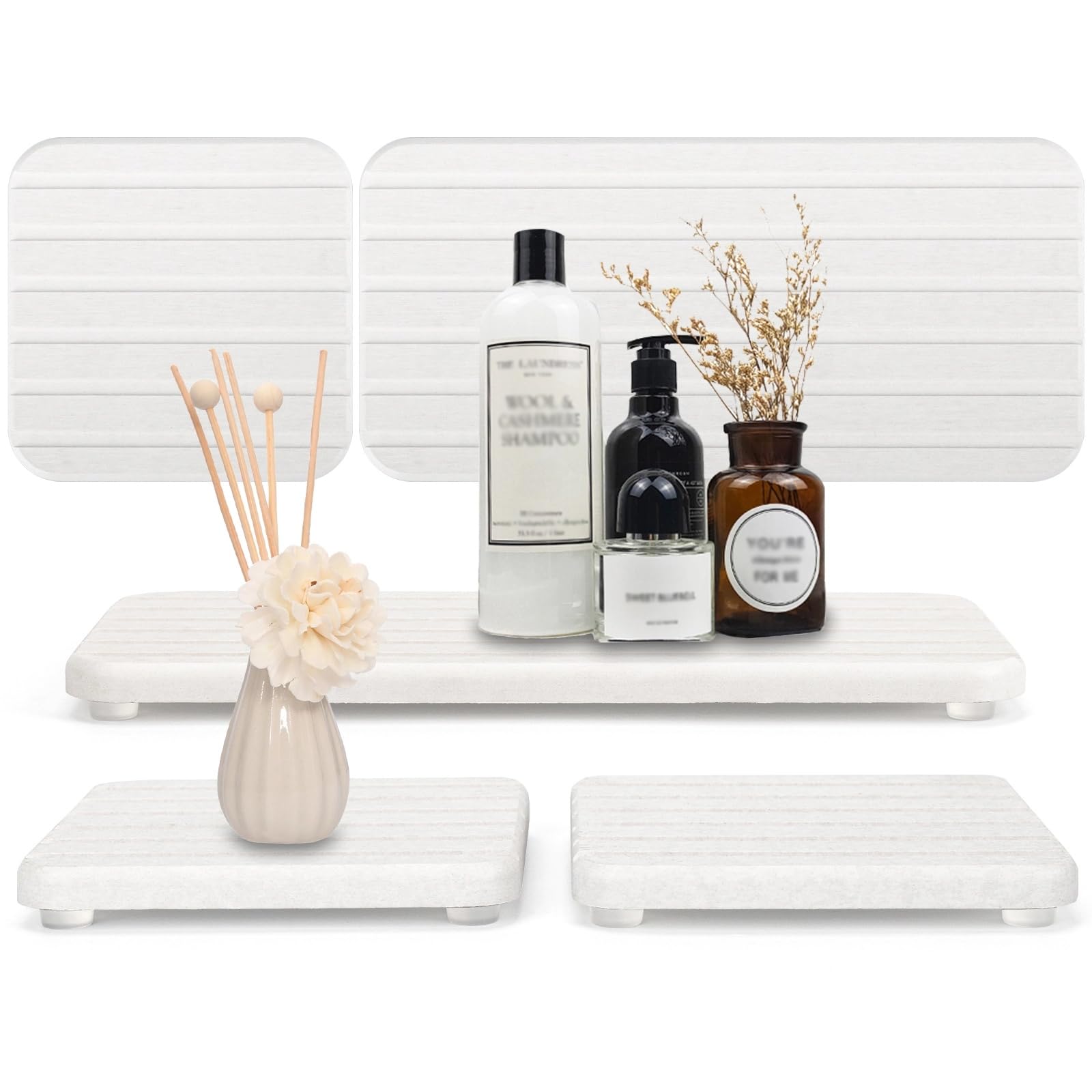3PCS Diatomite Drying Tray Set, Fast Water Absorbing Stone Coaster for Kitchen Sink & Bathroom, Includes 8x4 & 4x4 inch Pads for Soap, Sponge, Toothbrush, Keeps Countertop Dry (White)