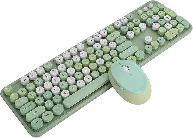 Wireless Keyboard Mouse Combo - Wireless Typewriter Keyboard, Retro Desktop Round Wireless Keyboard,104 Keys Keyboard 1600 DPI Mouse Set, Round Keycap, for Windows, PC, Laptop, Desktop (Green)