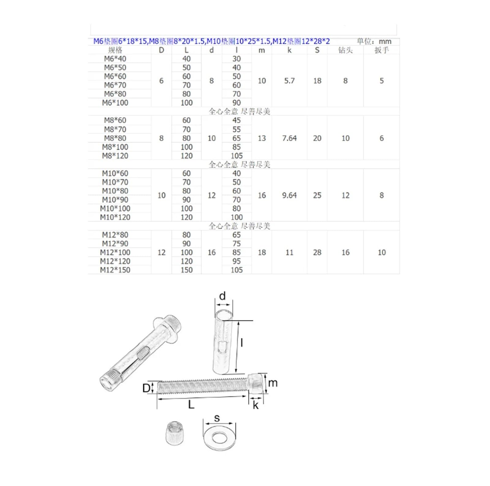 pernos de anclaje, Tornillo de expansión interno acero inoxidable 304, perno hexagonal, M6, M8, M10, M12, 1 unidad(100mm,M12)