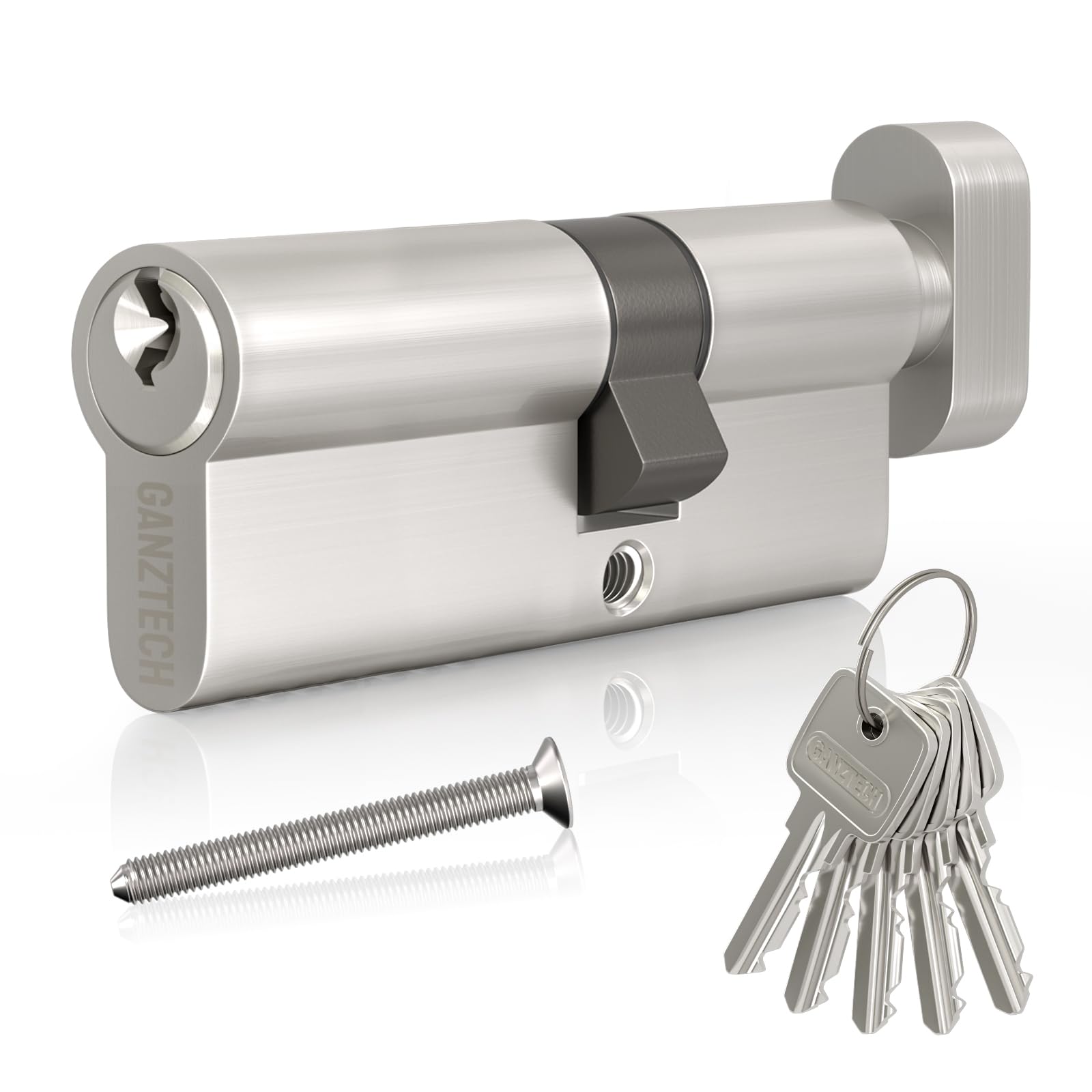 GANZTECH 35/30T(65mm),Nickel Door Barrel Lock,Key knob with 5 Standard Keys,Aluminum Alloy Euro Cylinder Lock,Secure Stable for Wooden,Composite Doors and UPVC
