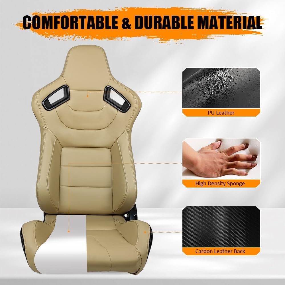 Universal Racing Seats, Adjustable Reclining Bucket Seats with Dual Slider, PU & Carbon Leather Sport Seat for Driver and Passenger Side, 1 Pair, Beige