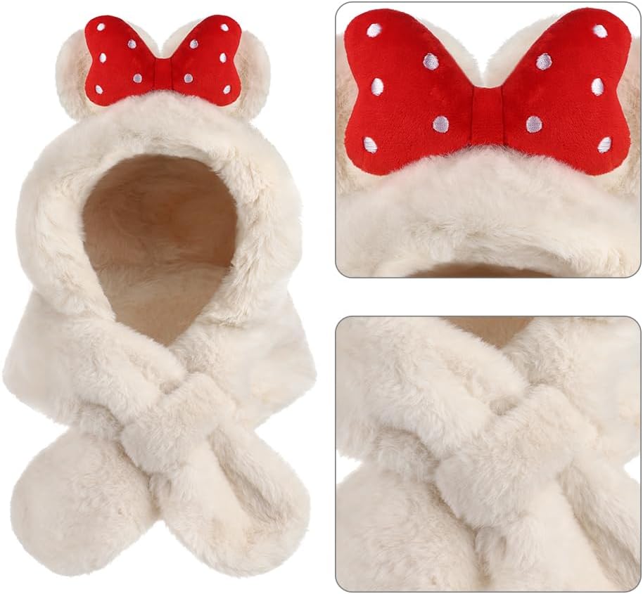 Kids Faux Fur Hood Earflaps Hat for Girls Winter Warm Plush Beanie Hat Scarf with Bow Trapper Skiing Cap 3-10Y