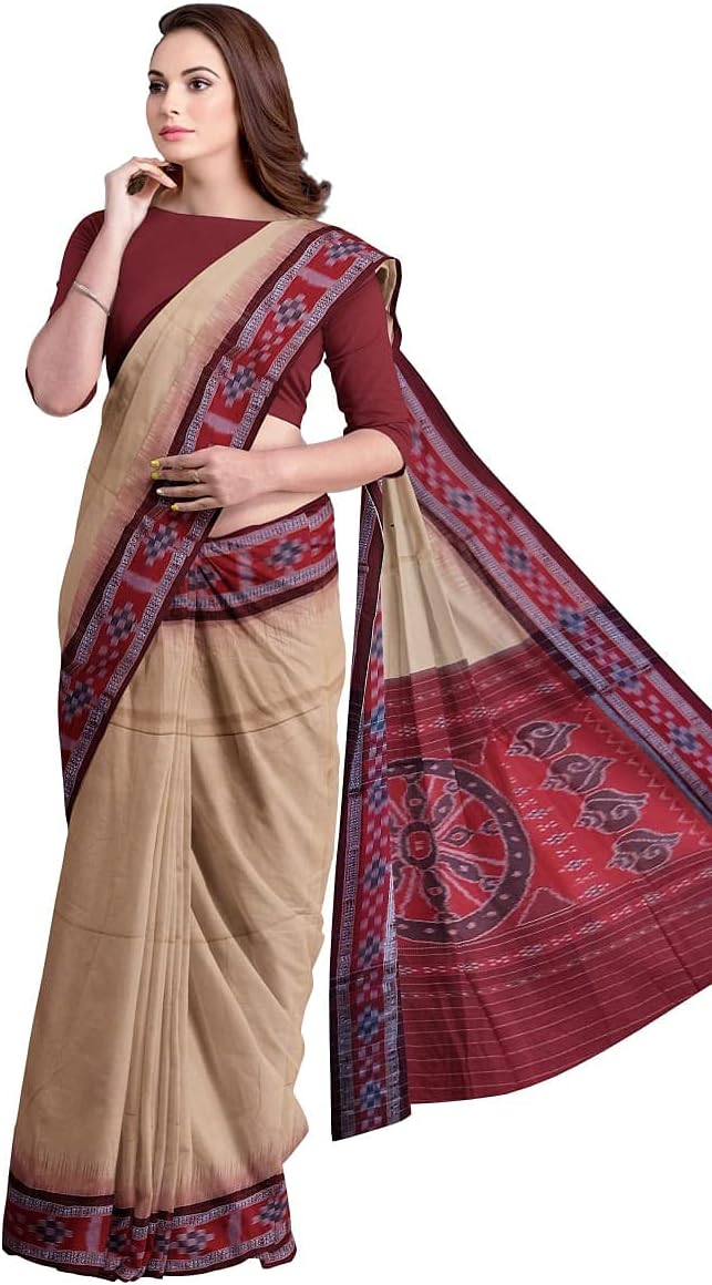 COTTONSILK & KHANDUAPATAOdisha Sambalpuri Handloom Ikat Women's Cotton Saree, Odisha Handloom Handmade Pure Cotton Khandua Saree, Ikkat Orissa Traditional Handloom Saree Without Blouse CK36