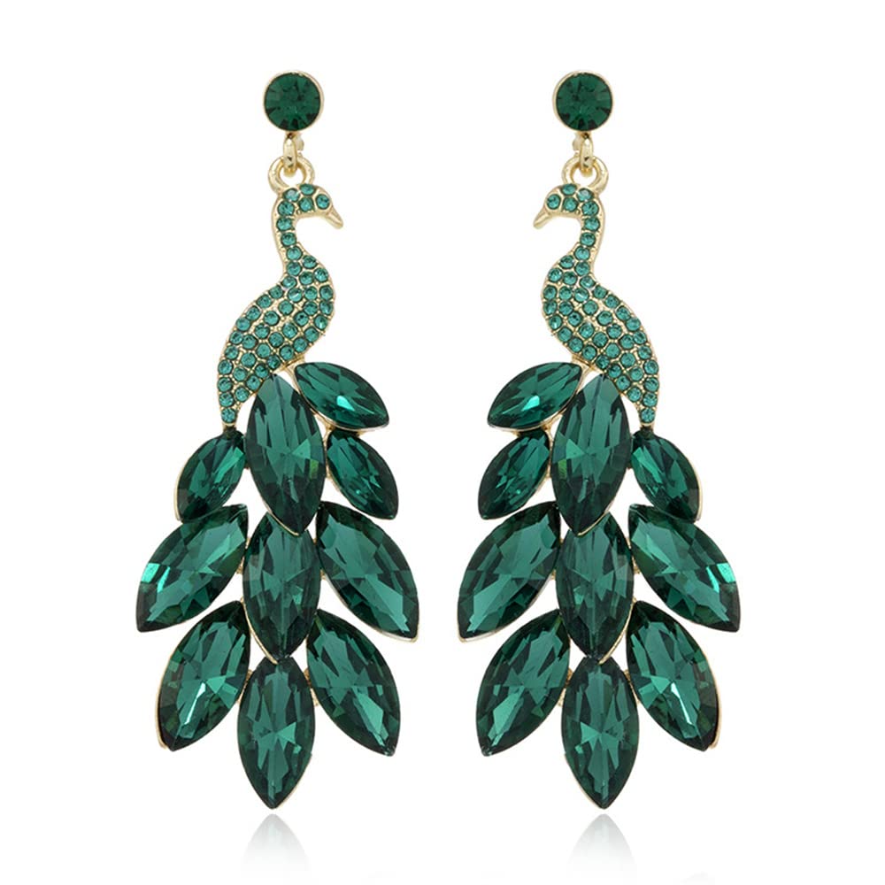 DtjaVintage Peacock Dangle Earrings for Women 14K Gold Plated Green Crystal Feather Peafowl Statement Drop Dangling Stud Earring Boho Exaggerated Birthday Holiday Jewelry Gifts