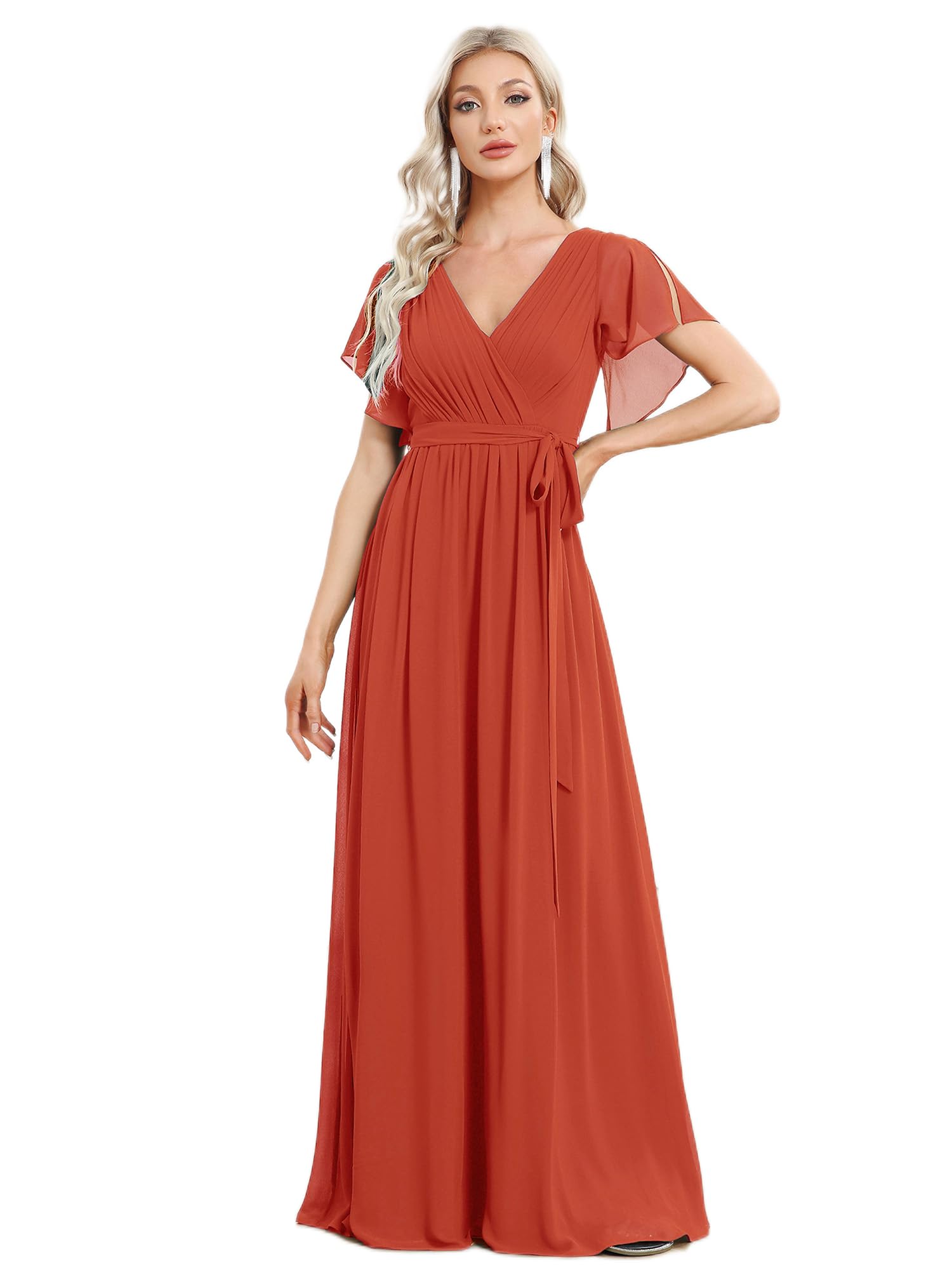 Ever-Pretty Jurk voor bruiloft, gast, lang, dames, V-hals, chiffon, A-lijn, korte mouwen, geplooid, chic, EE0164A, mistblauw, 34