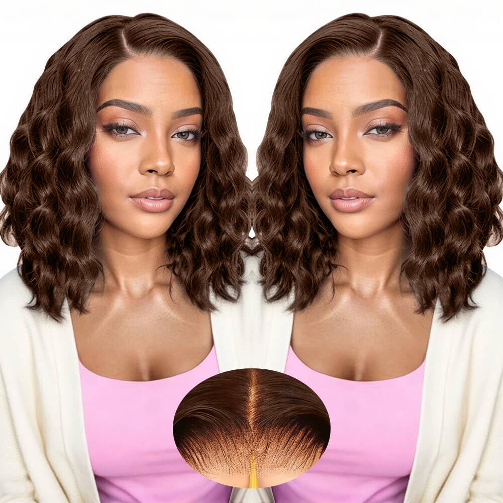 14Inch Chocolate Brown 9x6 Wear and Go Glueless Wigs Human Hair Pre Cut Dark Brown Loose Wave Bob Wig Lace Front Wigs Human Hair 220% Density 4# Colored Body Wave Short Bob Wig for Black Women