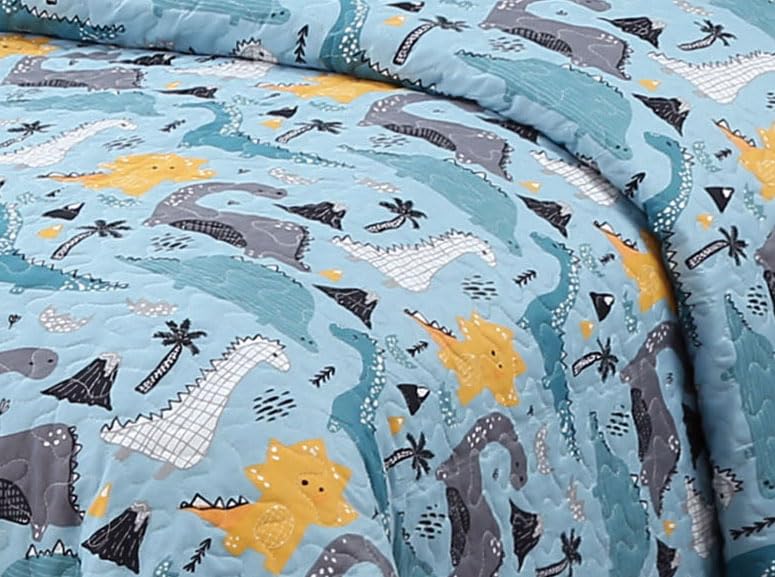 MK Collection Bedspread Set Kids Teens Dinosaur Themed Bedding Set, Dino Aqua Dinosaur Grey Yellow Bedspread Set New (Full/Queen)