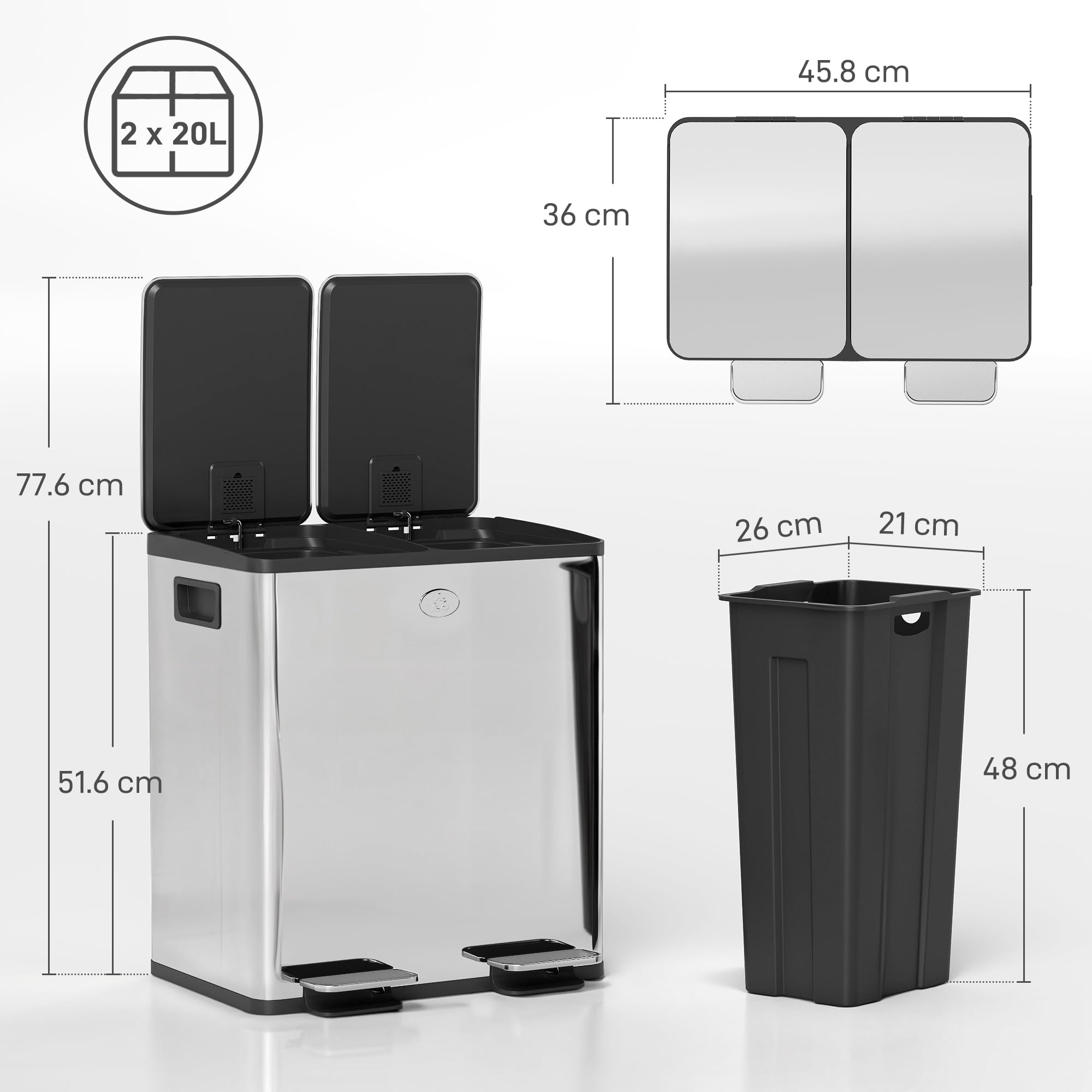 HOMCOM Doppelter Küchenabfalleimer, 2 x 20 l, Edelstahl, silberfarben | Absenkautomatik-Deckel, doppelt herausnehmbare Inneneimer, Müllbeutel, fingerabdruckfest, für Recycling und Abfall