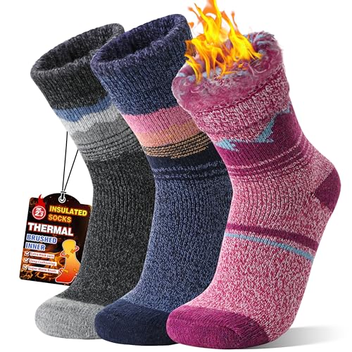 MOGGEI Heated Thermal Socks for Men Women Winter Warm Thick Insulated Ski Boot Work Cabin Socks Gifts Stocking Stuffers 3 Pairs(Blue/Grey/Purple M)