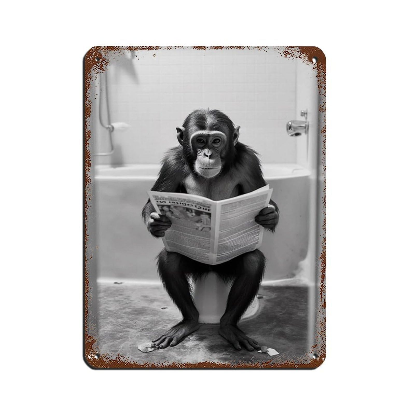 Monkey Sitting on The Toilet Reading A Newspaper (2) Tin Sign Vintage Metal Pub Club Cafe Bar Home Wall Art Decoration Poster Retro 12x16inch(30x40cm)