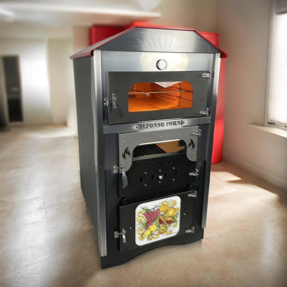 Forno a Legna Fuoco Indiretto Portatile In Acciaio Da Esterno Ventilato+Girarrosto In Mattoni Refrattari 3 Piani Cottura Pizza Pane Pollo Kebab Pesce Luxor-V2-Plus Top